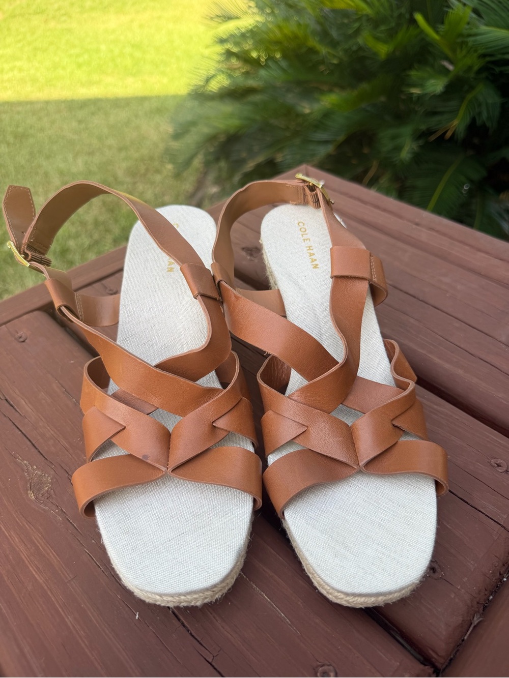 Cole Haan Crystal Honey Leather Espadrille Wedge Sandals Size 8 $150 - Picture 4 of 12